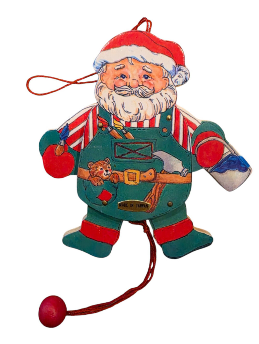 Vintage Midwest Importer Pull String Santa Wood Ornament Jointed Two Sided Decor